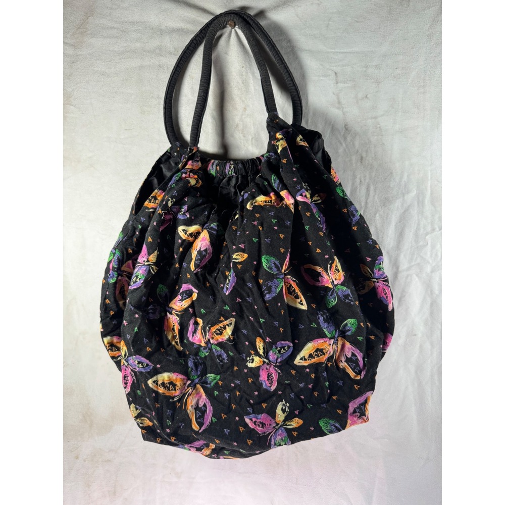 Vintage Butterfly Print Hobo Bag Black Multi Color Slouchy Tote Shoulder Bag